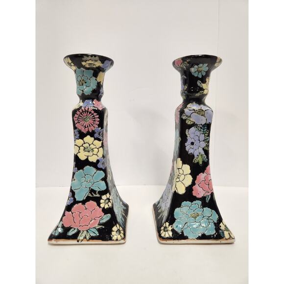 Vintage Floral Ceramic Candle Holders – Black Cloisonné Style Pair - Picture 2 of 6